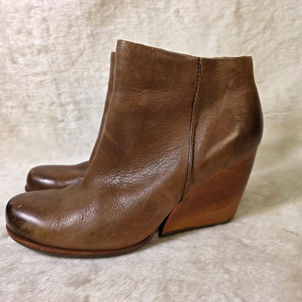 Kork-Ease Bette Leather Wedge Ankle Boots Booties Chunky Brown Women Size 8